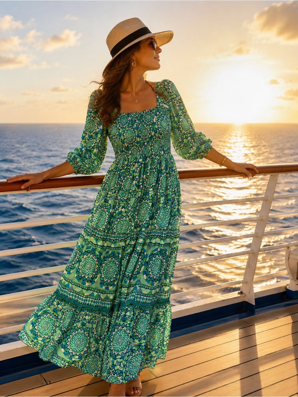 Anthropology Boho Green Print Maxi Dress with Square Neck